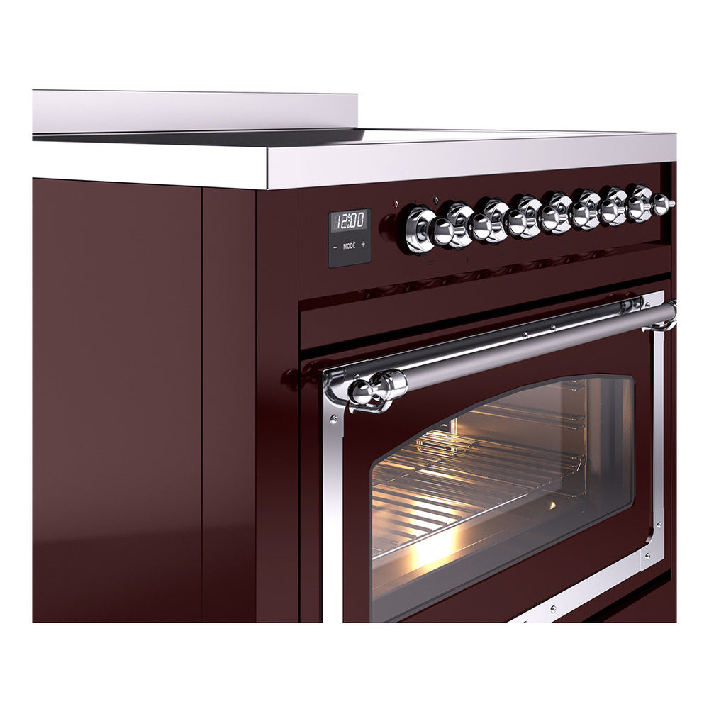 Burgundy induction range control panel with chrome knobs and glass oven door