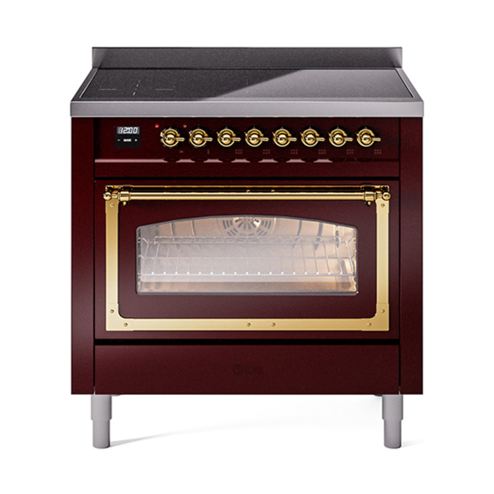 Burgundy induction range with triple-glass oven door and brass trim, front view