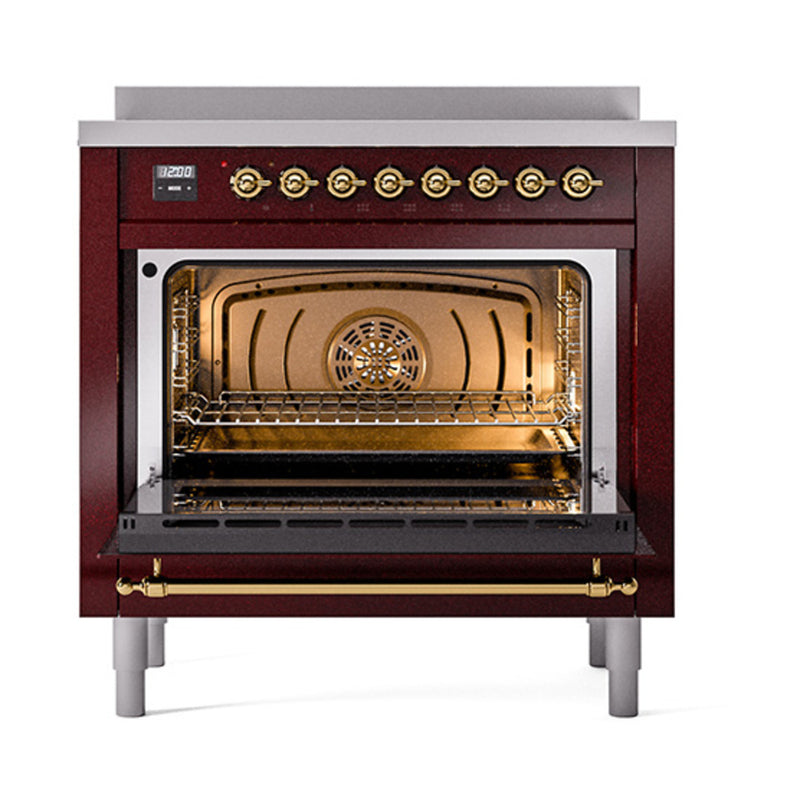 ILVE Nostalgie II Noblesse 36-Inch Induction Range with Triple Glass Door in Burgundy with Brass Trim (UNI366NMPBUG)