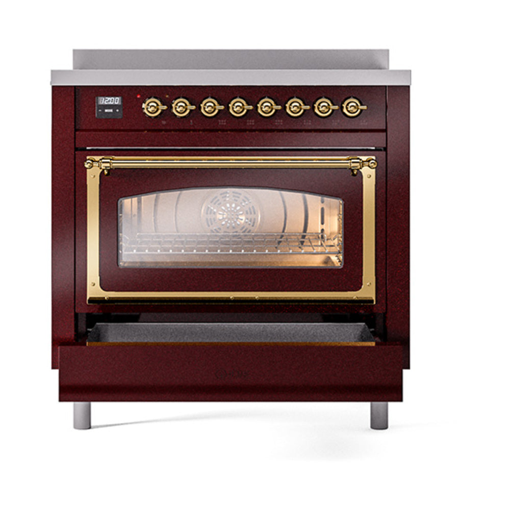 Burgundy induction range with triple-glass door and brass handle, front close view
