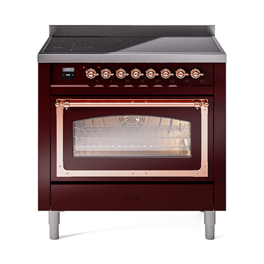 Burgundy induction range with closed oven door window and copper trim, front view