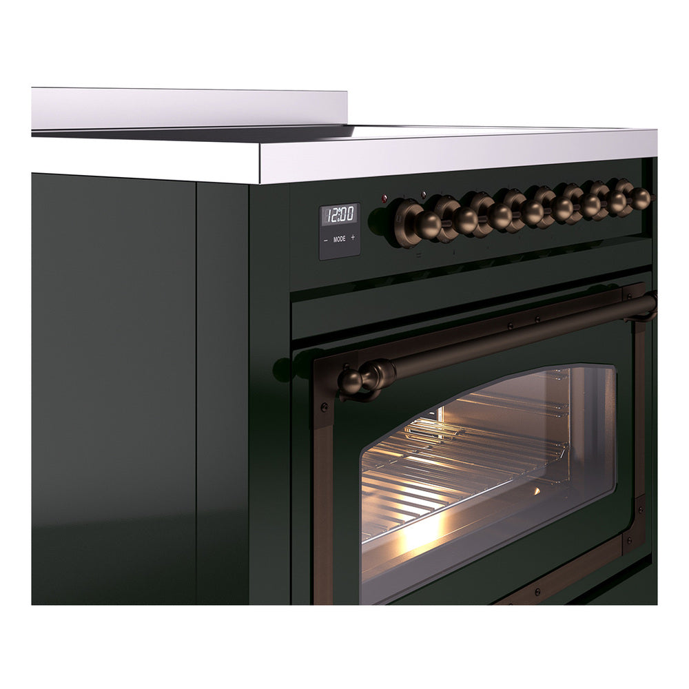 Side view of emerald green induction range with bronze control knobs and open oven door