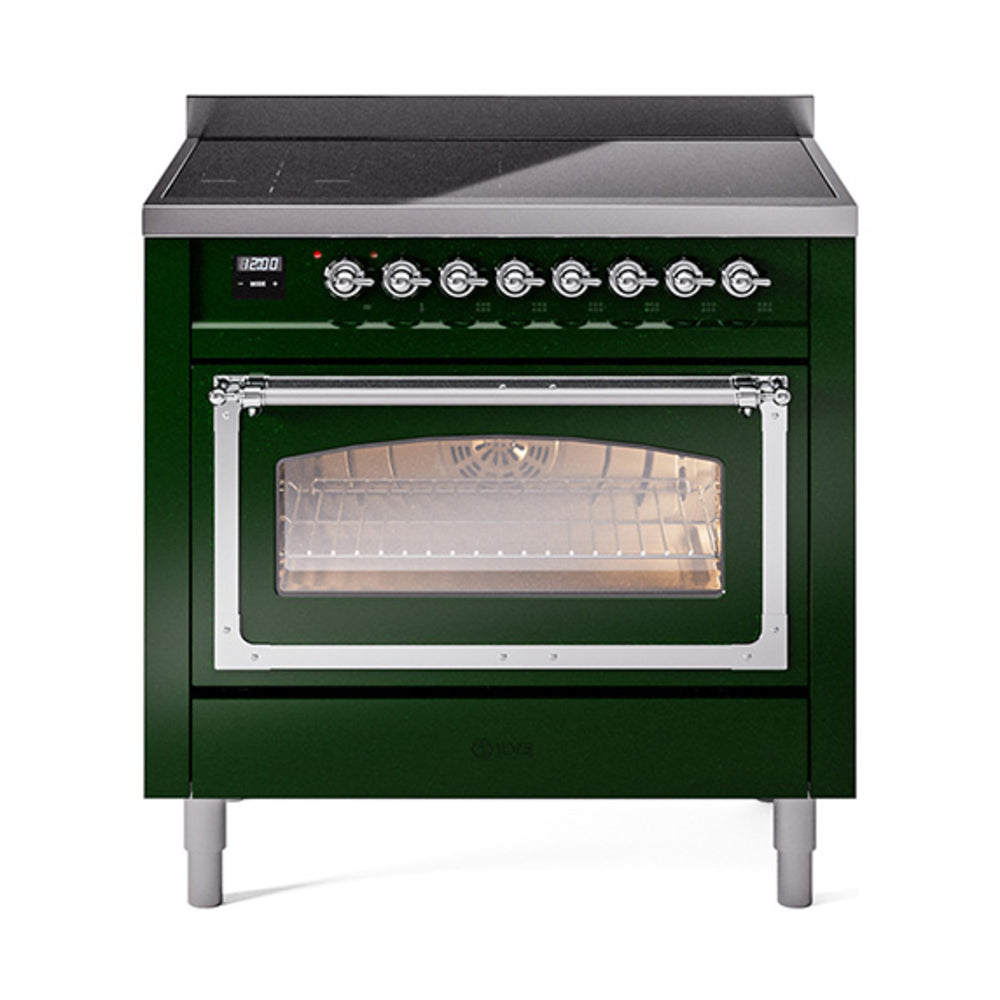 Emerald green induction range with chrome trim and glass oven door, control panel visible