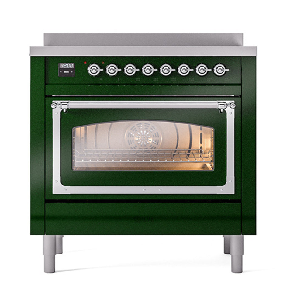 Emerald green induction range with chrome trim, lit oven window and control knobs