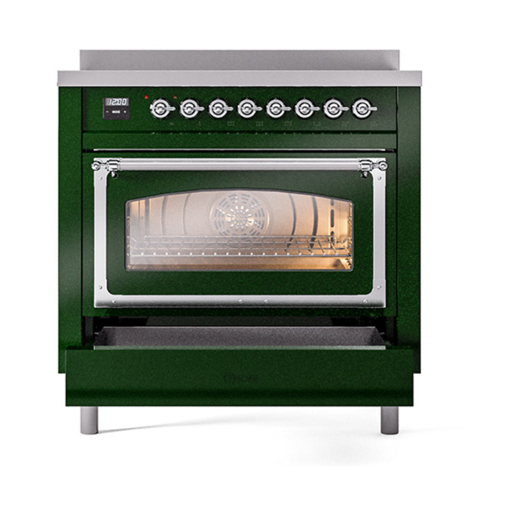 Emerald green induction range with chrome trim, oven window and open storage drawer