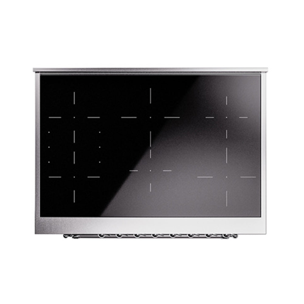 Induction range cooktop with dark glass surface and slim indicator lines