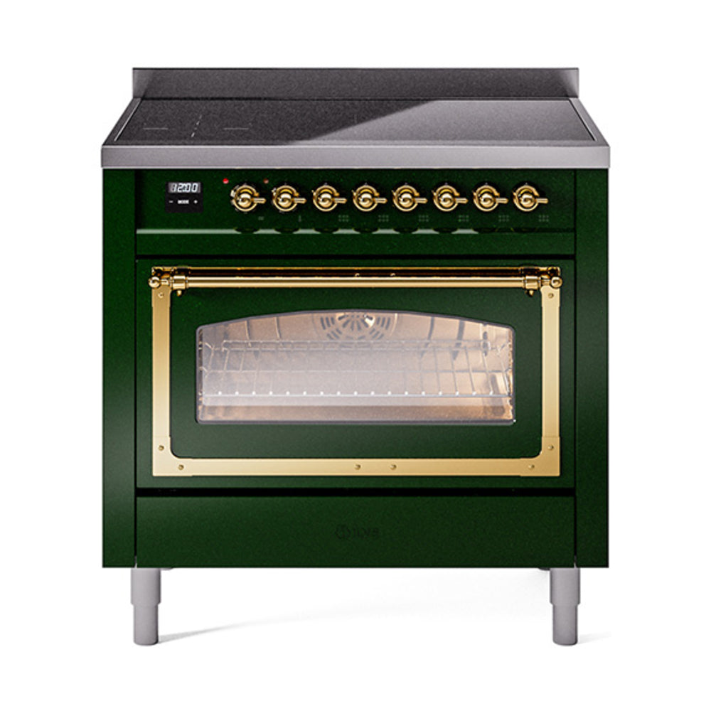 Emerald green induction range front with brass oven handle and glass oven window