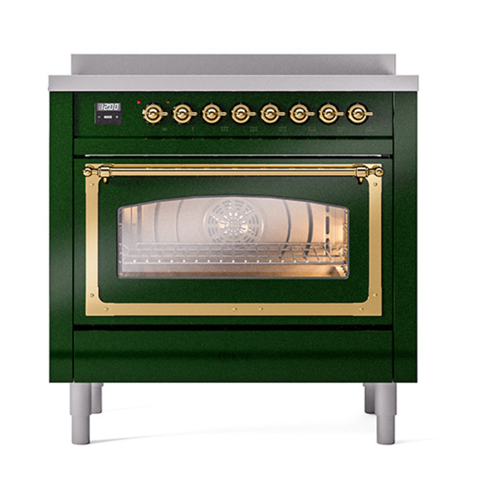 Emerald green induction range front with lit oven cavity and brass-trim controls