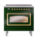 ILVE Nostalgie II Noblesse 36-Inch Induction Range with Triple Glass Door in Emerald Green with Brass Trim (UNI366NMPEGG)