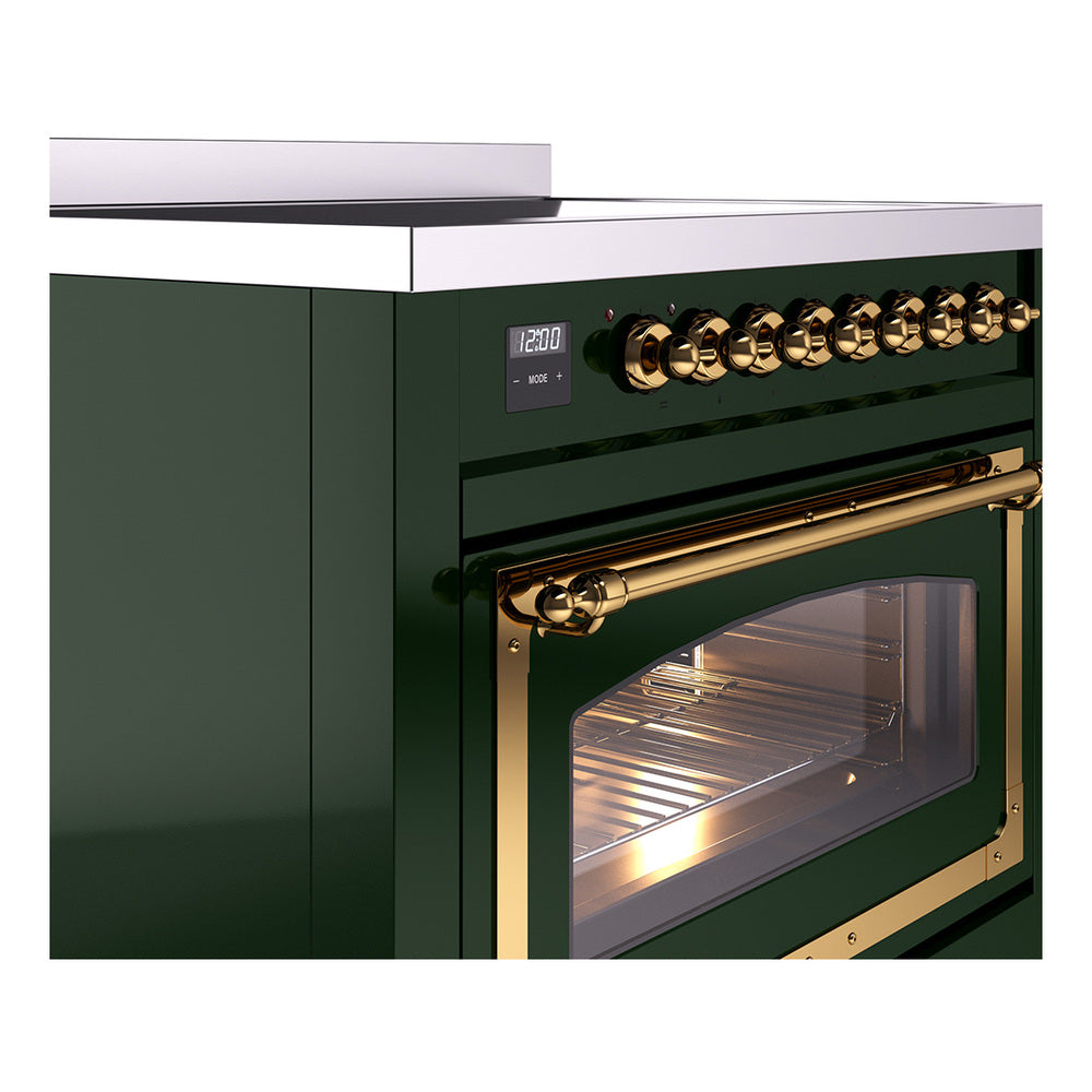 Emerald green induction range with brass-trimmed oven door and triple glass window