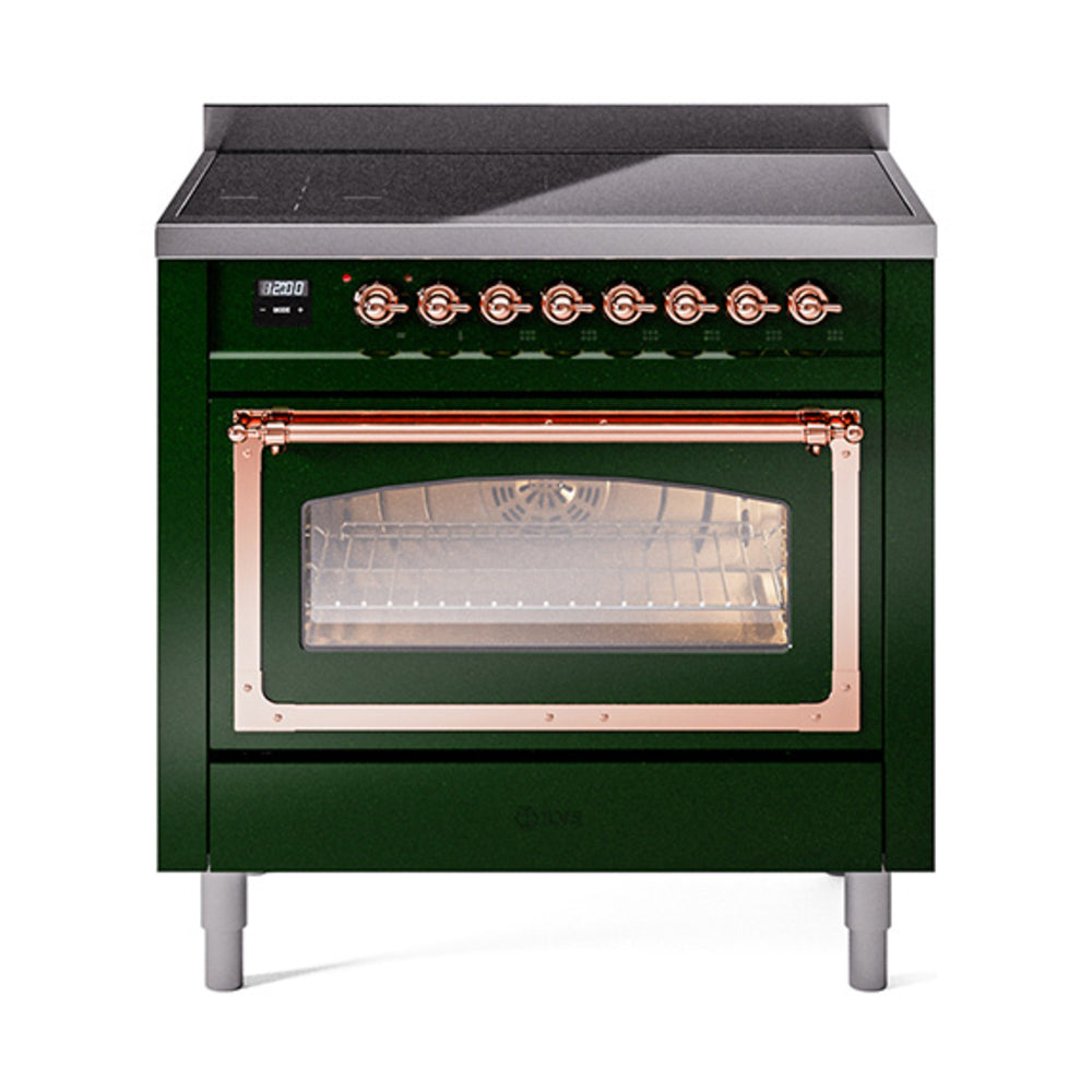 Emerald green induction range with copper-trimmed oven door and burner control knobs