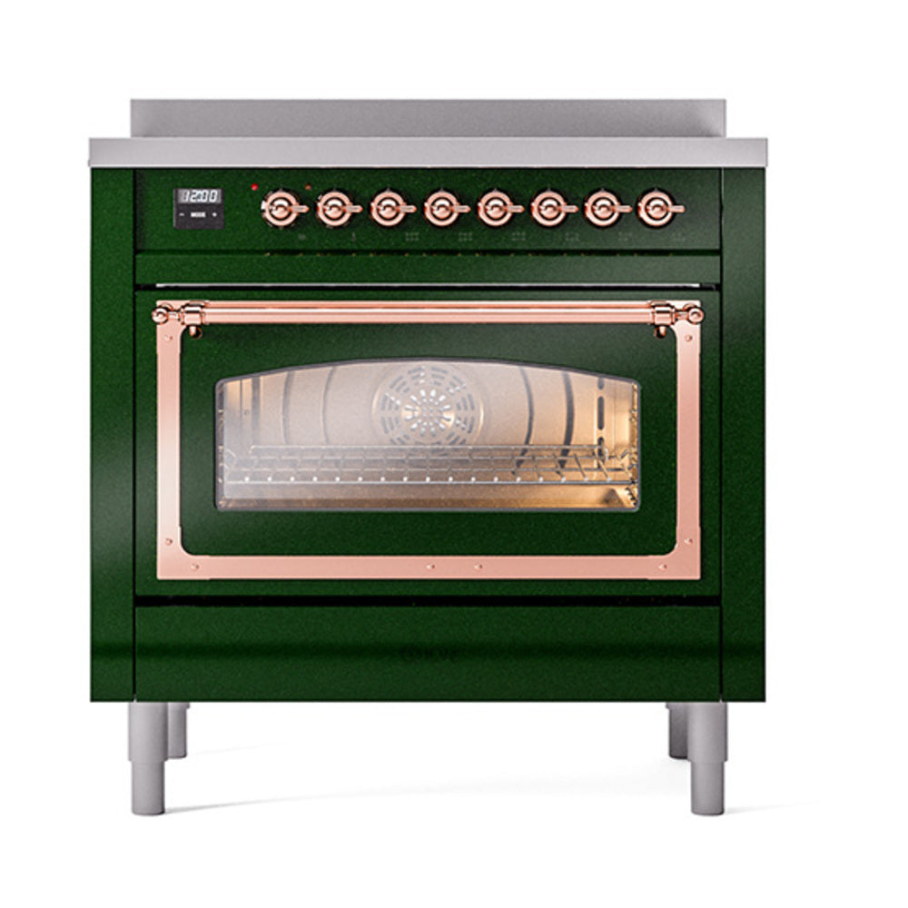 Emerald green induction range with copper-trimmed triple glass oven door and burner controls