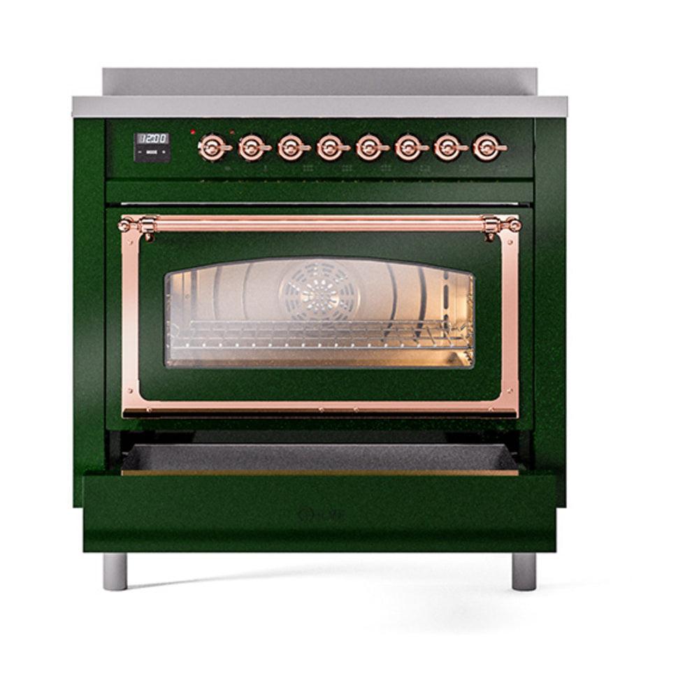 Emerald green induction range with copper-trimmed oven door and triple glass window