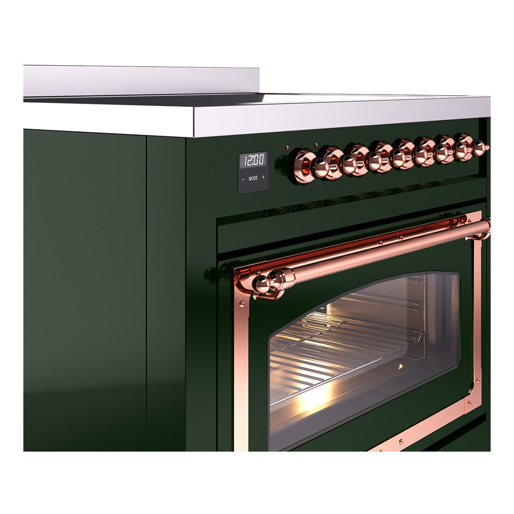 Emerald green induction range with copper control knobs and side view of oven door