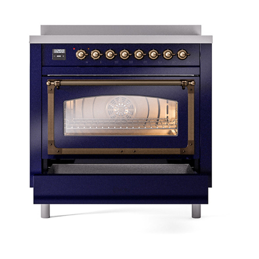 Midnight blue induction range with triple glass oven door and bronze control trim