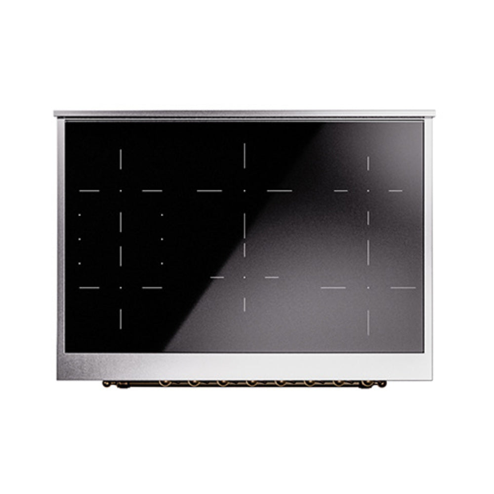 Dark glass induction cooktop panel with control markings and side trim