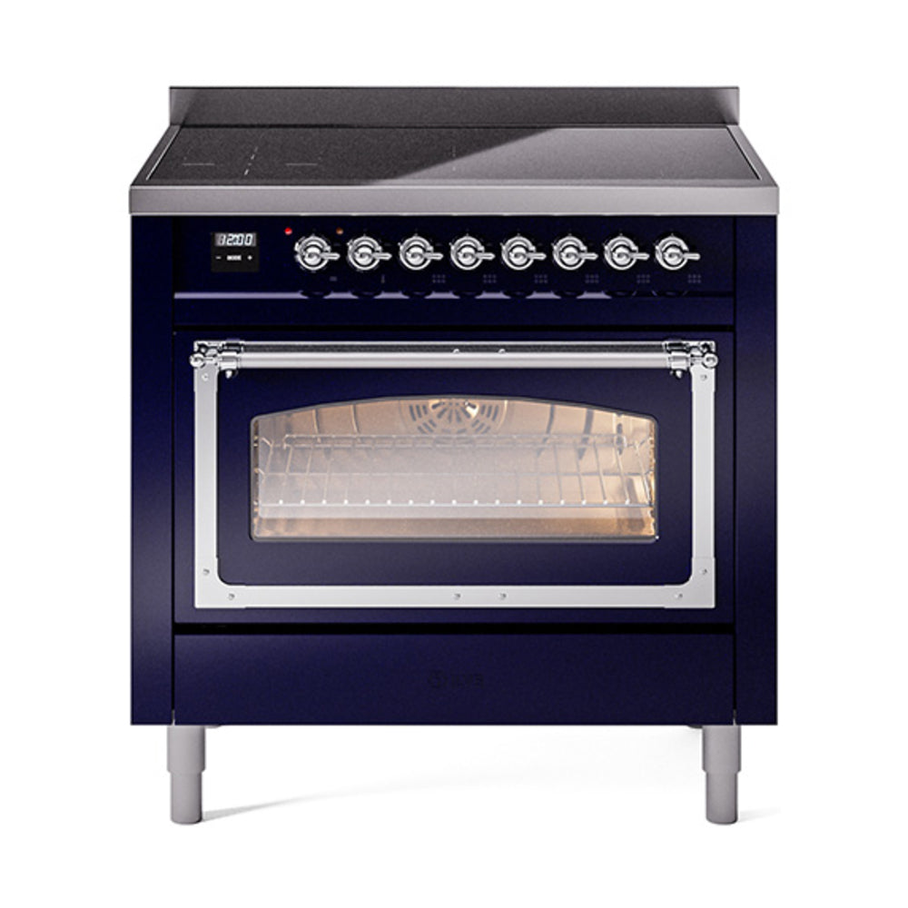 Midnight blue induction range with triple-glass oven door window and chrome trim
