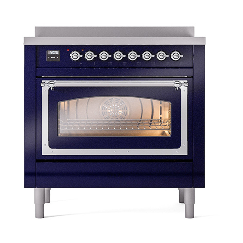 Midnight blue induction range with triple-glass oven door and chrome knobs; interior lit