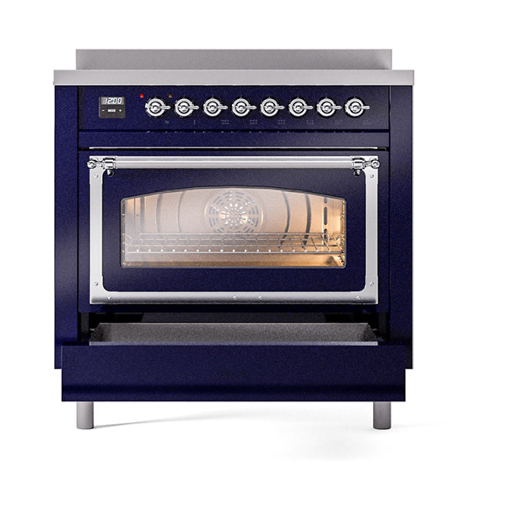 Midnight blue oven with triple-glass door window, chrome handle, and lit interior