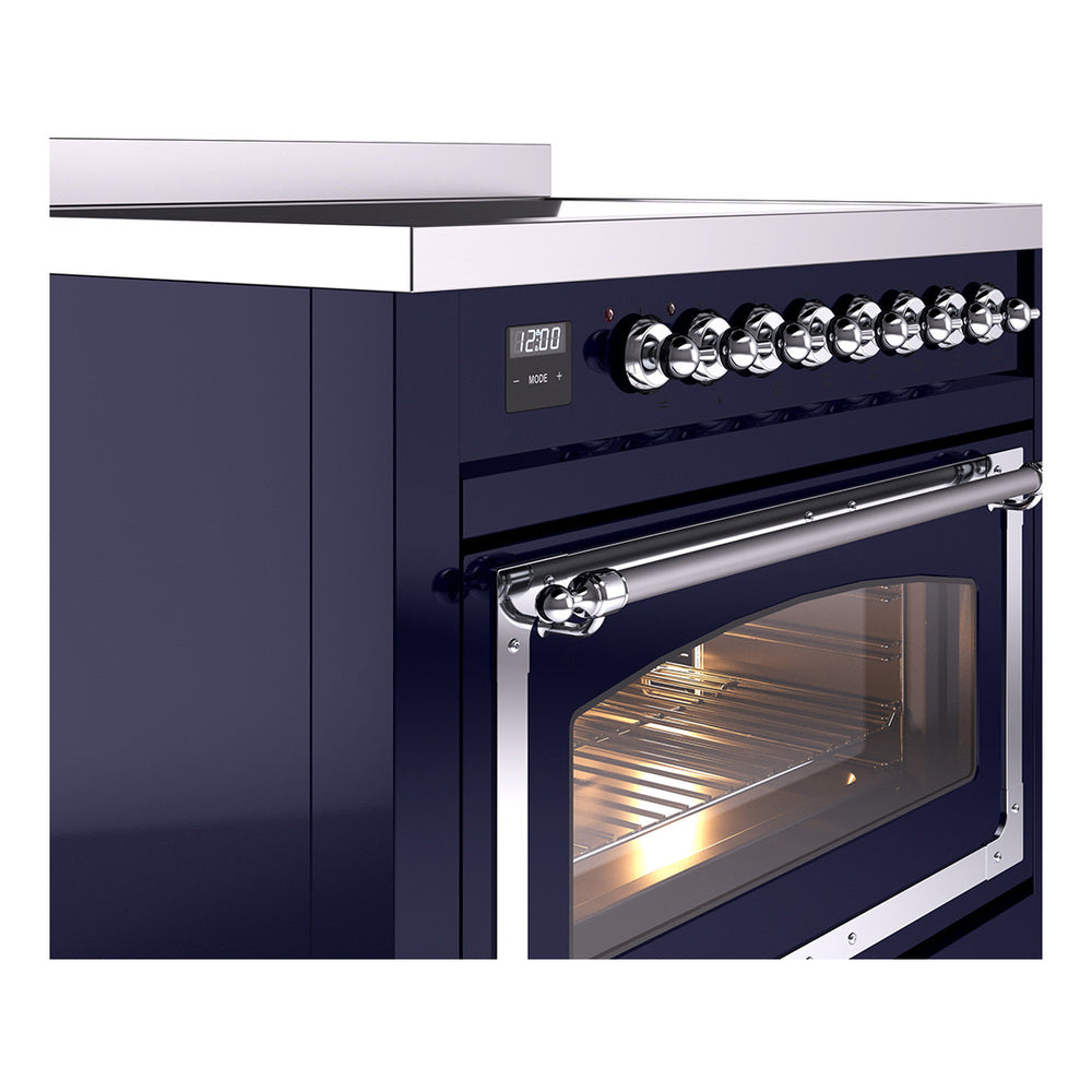 Midnight blue oven door with chrome frame and handle; illuminated interior visible