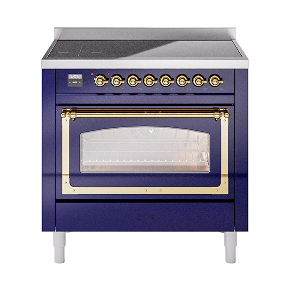 Midnight blue oven range with brass handle and glass door window