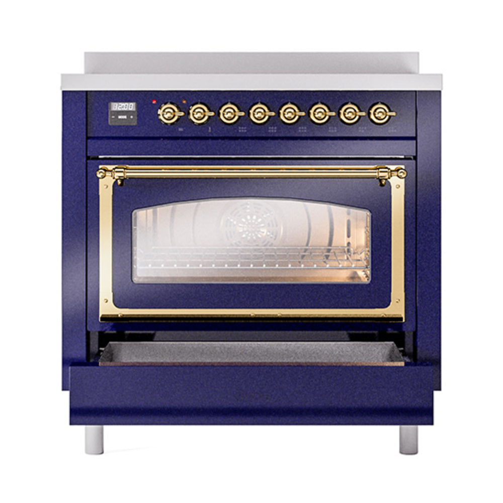 Midnight blue oven with glass door window open and interior racks visible
