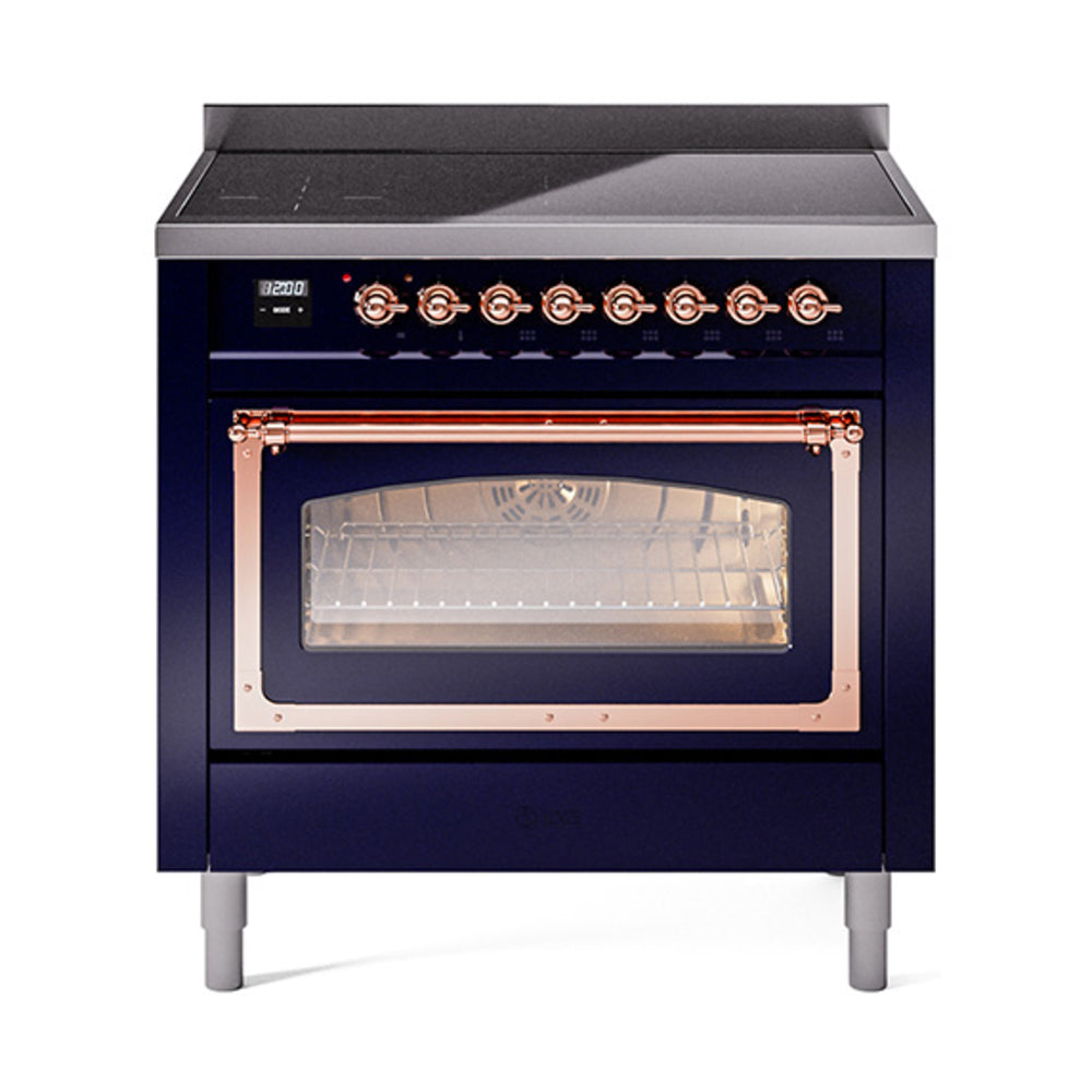 Midnight blue induction range with open oven door and copper bar handle detail