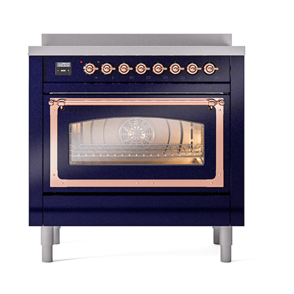 Midnight blue induction range with open triple-glass oven door, copper trim and front controls