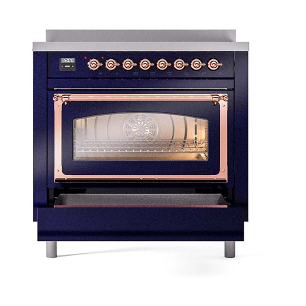 Midnight blue induction range, oven door open with visible interior rack and copper frame