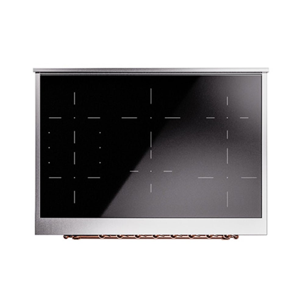 Midnight blue oven base drawer with vented shelf and copper accents, front view