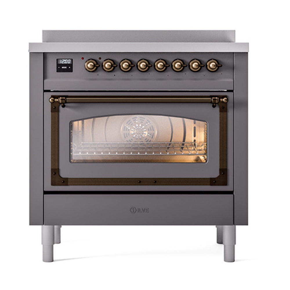 Matte graphite induction range with closed triple-glass oven door and bronze knobs