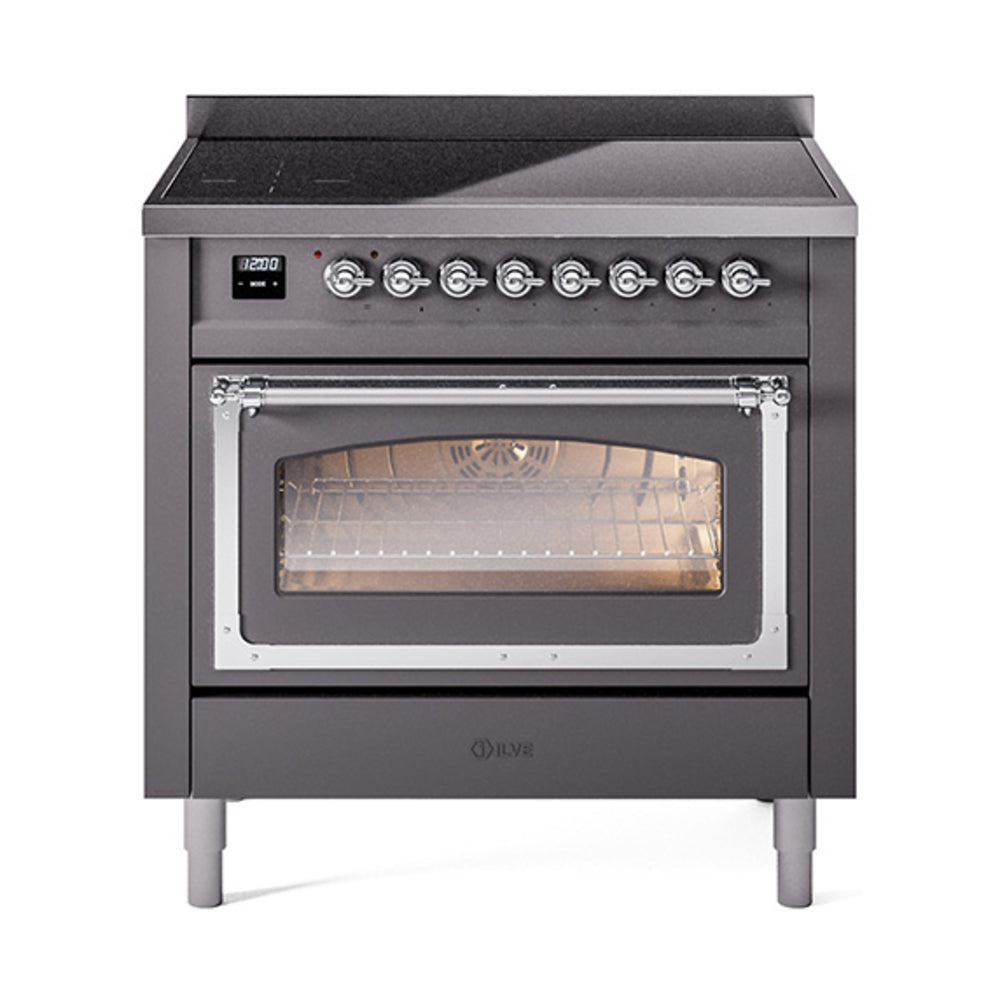 Matte graphite induction range with triple glass oven door and chrome-trim frame