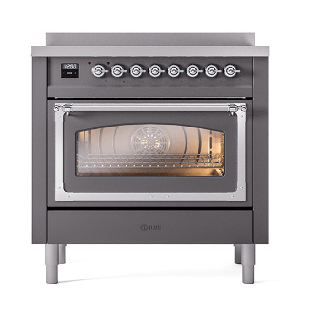 Matte graphite induction range with oven window and chrome-trim control panel