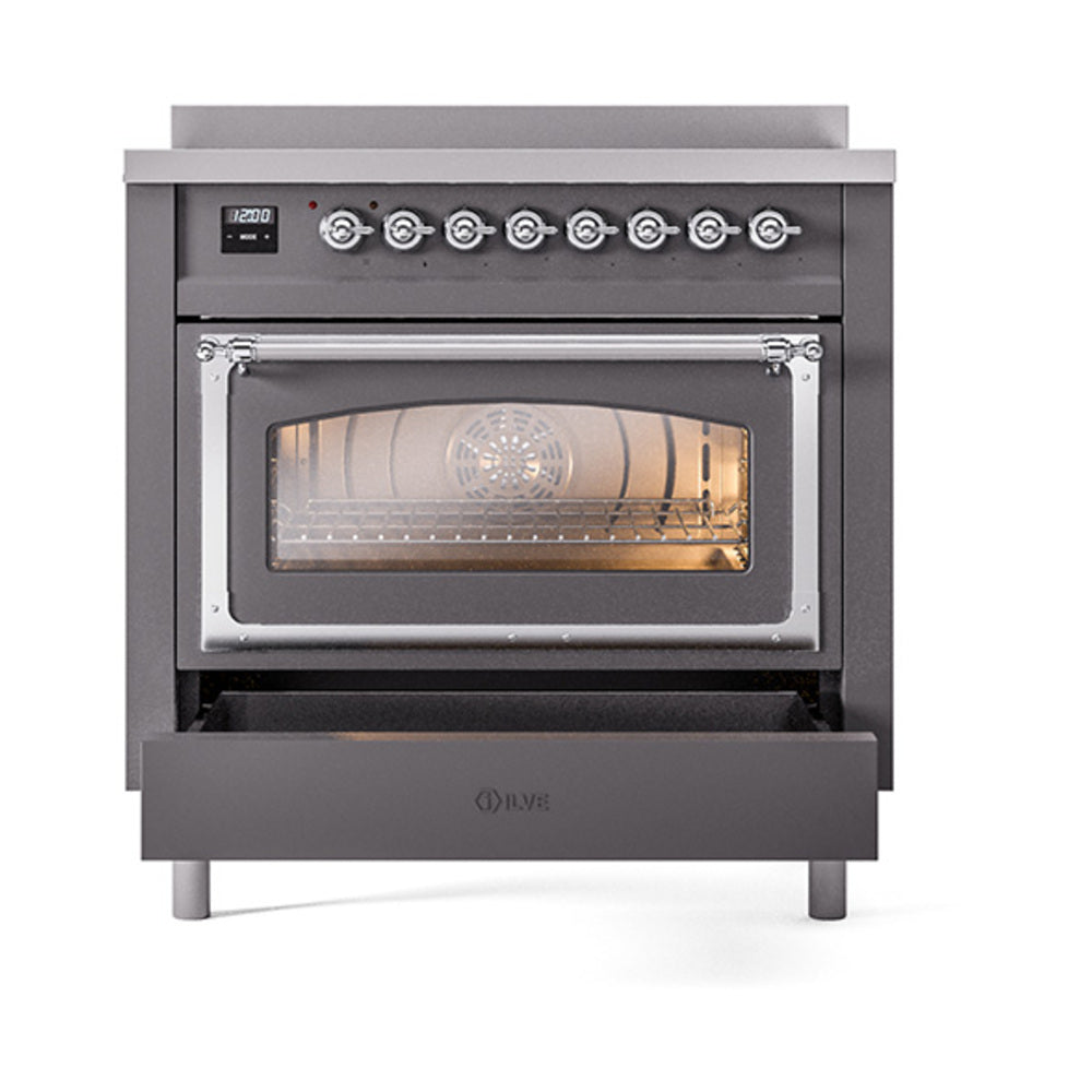 Matte graphite induction range with oven window and pull-out storage drawer