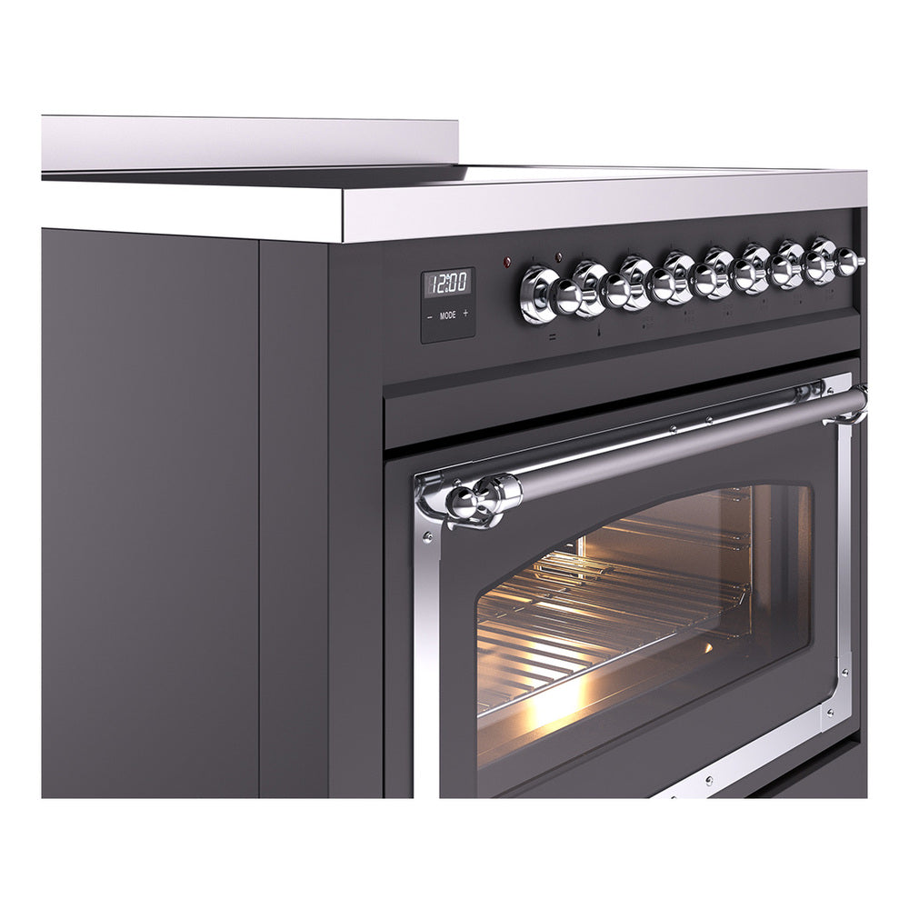 Matte graphite induction range close-up: chrome knobs and oven door with glass