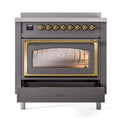 ILVE Nostalgie II Noblesse 36-Inch Induction Range with Triple Glass Door in Matte Graphite with Brass Trim (UNI366NMPMGG)