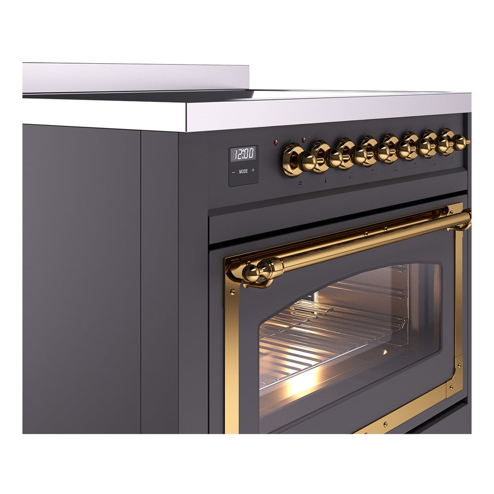 Matte graphite induction range with brass-trimmed triple glass oven door and control knobs
