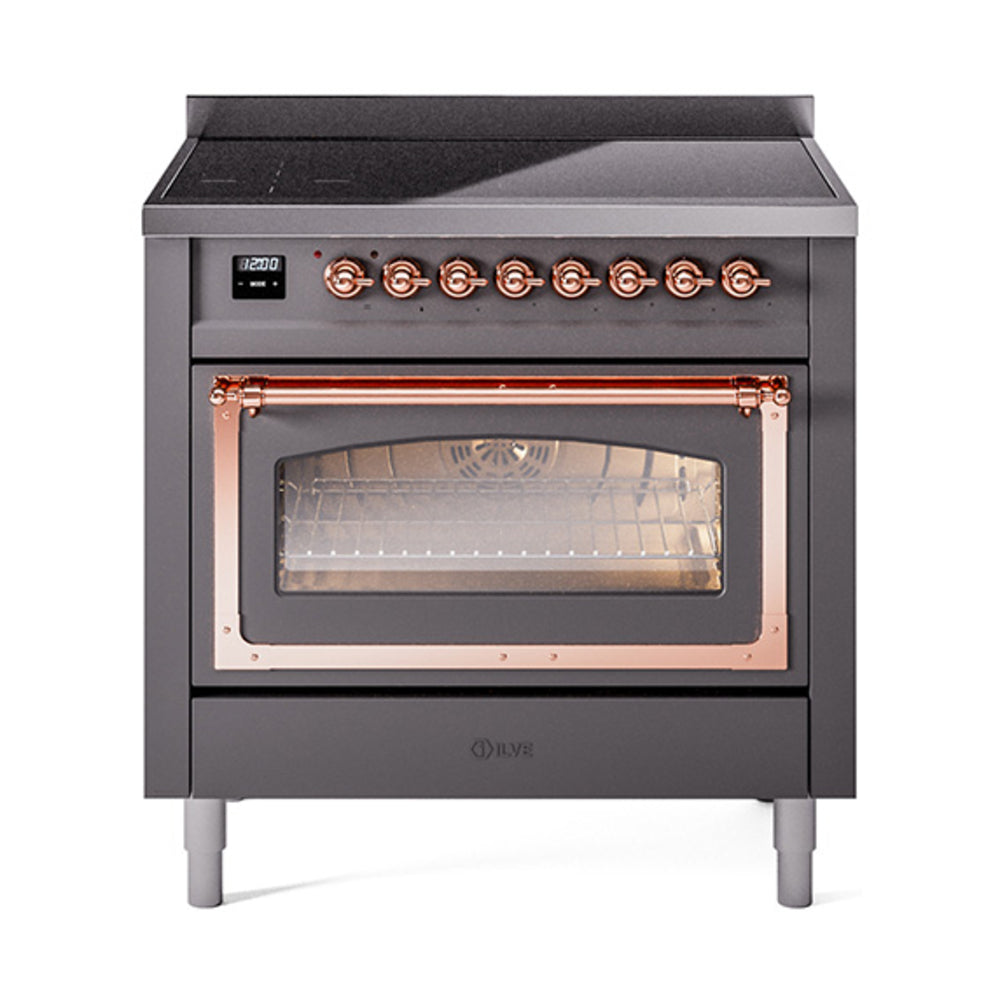 Matte graphite induction range with copper handle, triple glass door, front view
