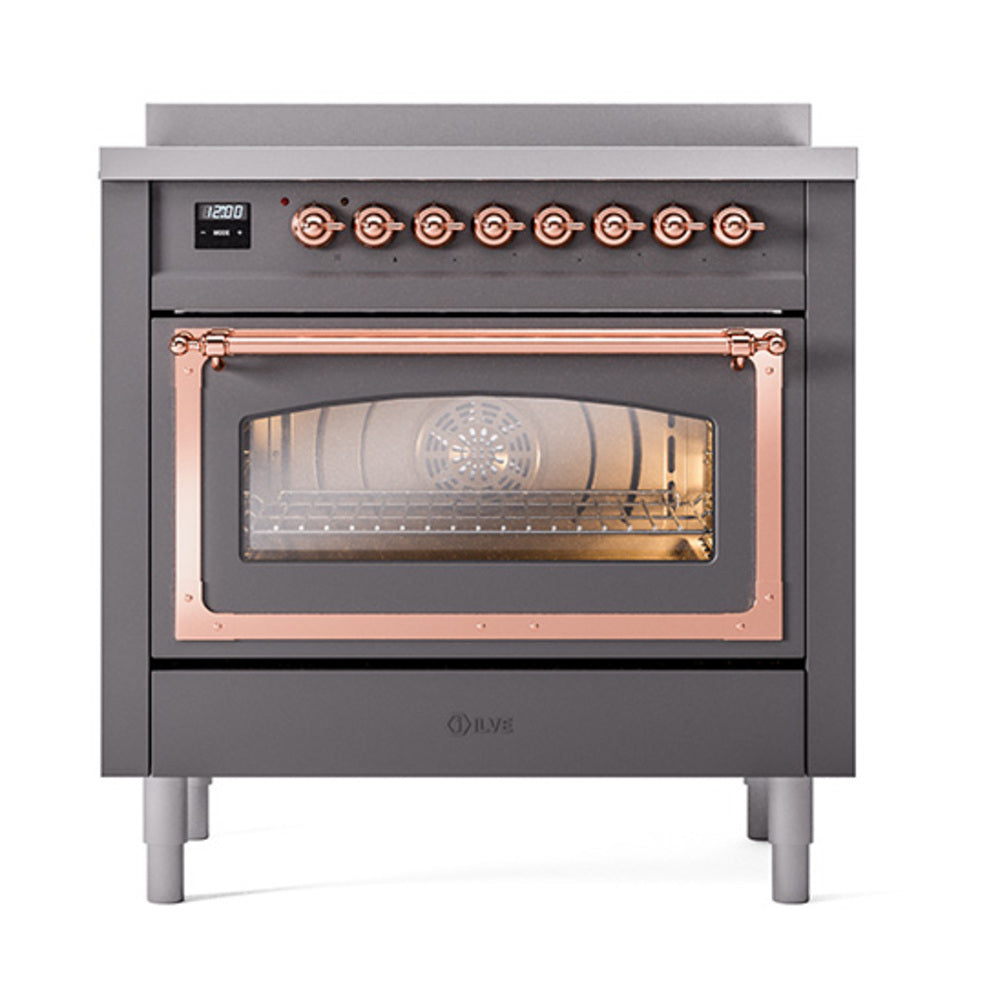 Matte graphite induction range with lit oven window and copper-trim triple glass door