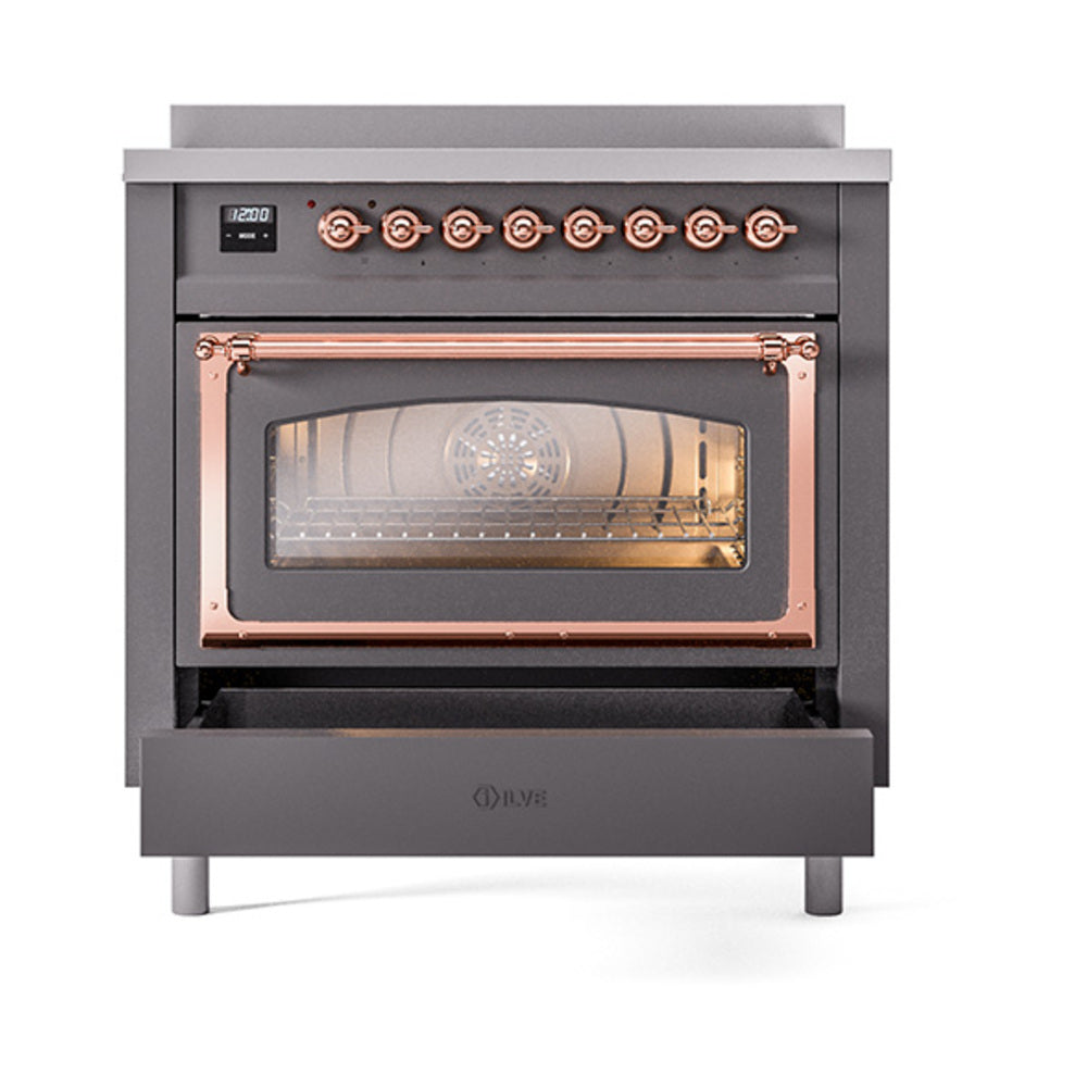 Matte graphite induction range with copper trim, triple glass oven door, front view