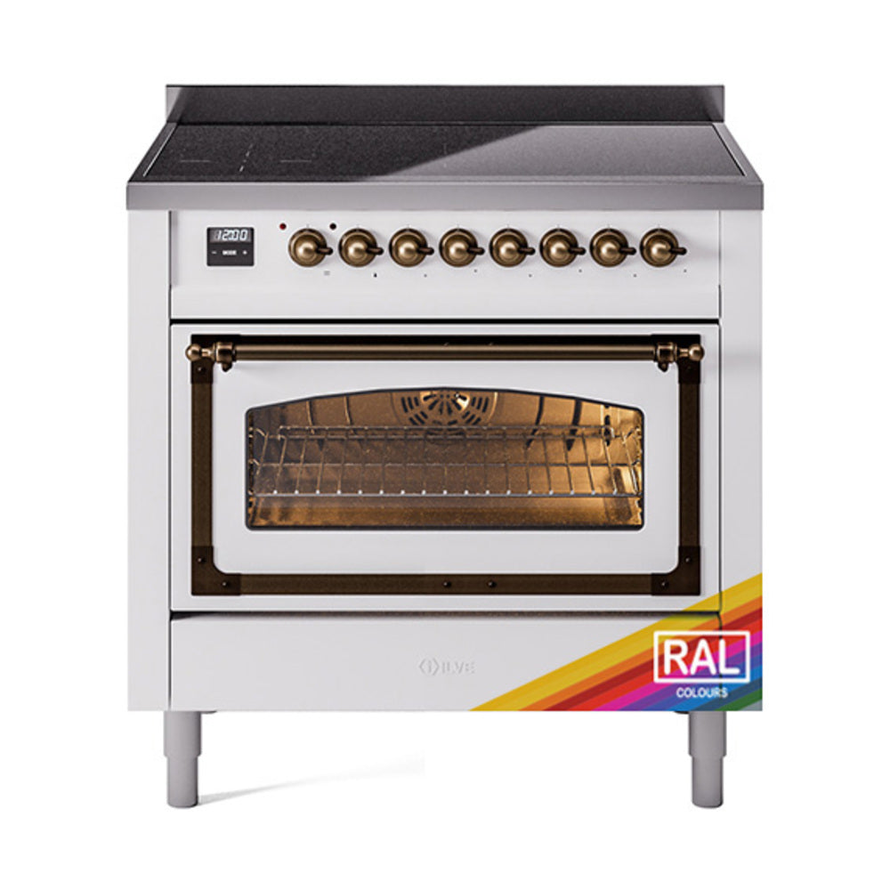 White induction range with bronze-trim triple glass oven door and front control panel
