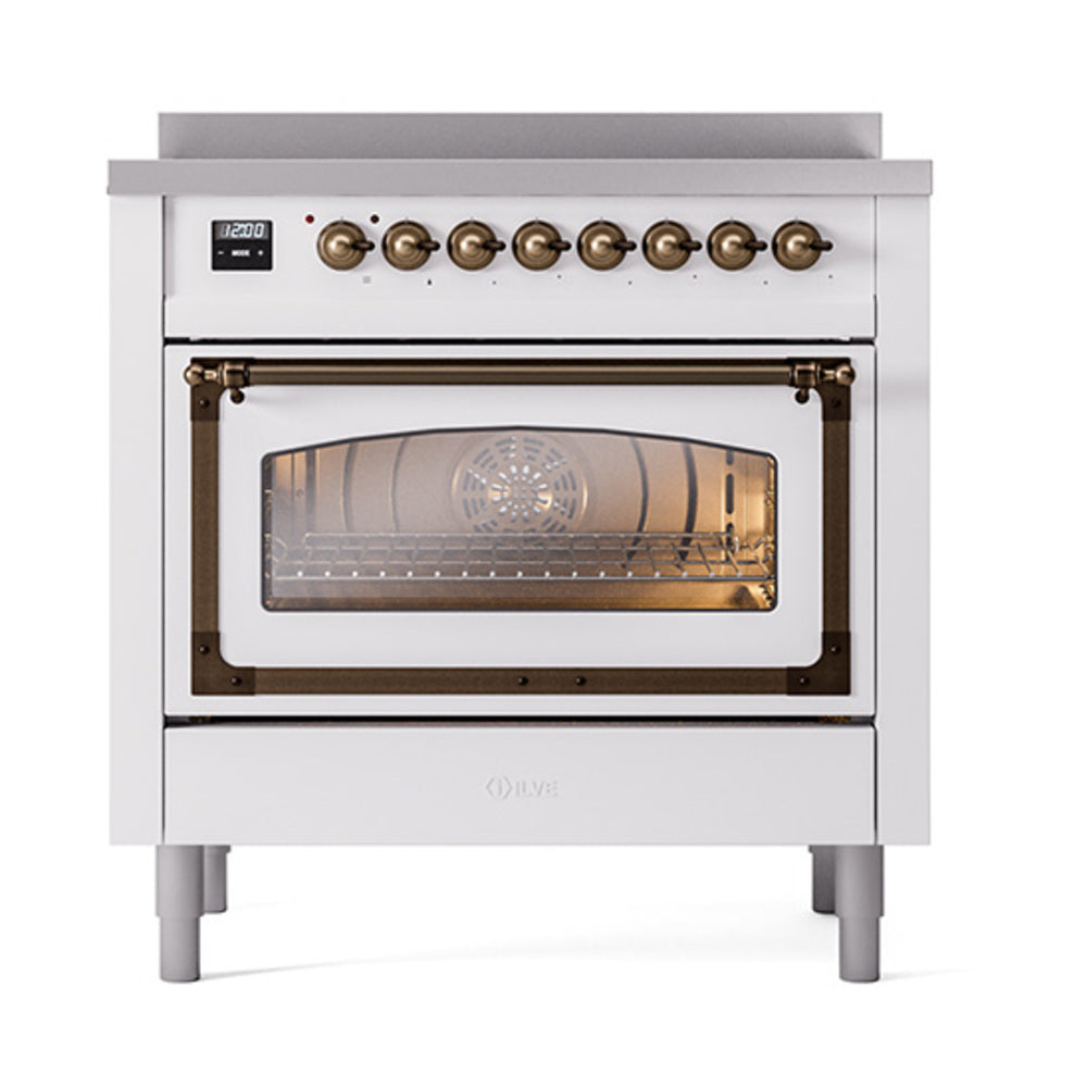 White induction range with bronze-trim oven window door and row of front control knobs