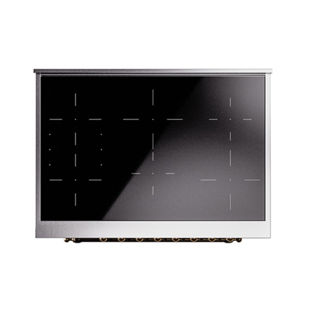 Black induction cooktop glass panel with touch zone markings and control indicators