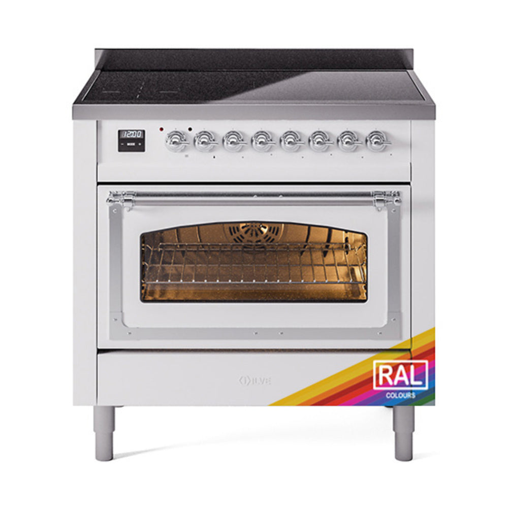 White induction range with triple-glass oven door, chrome knobs, front view