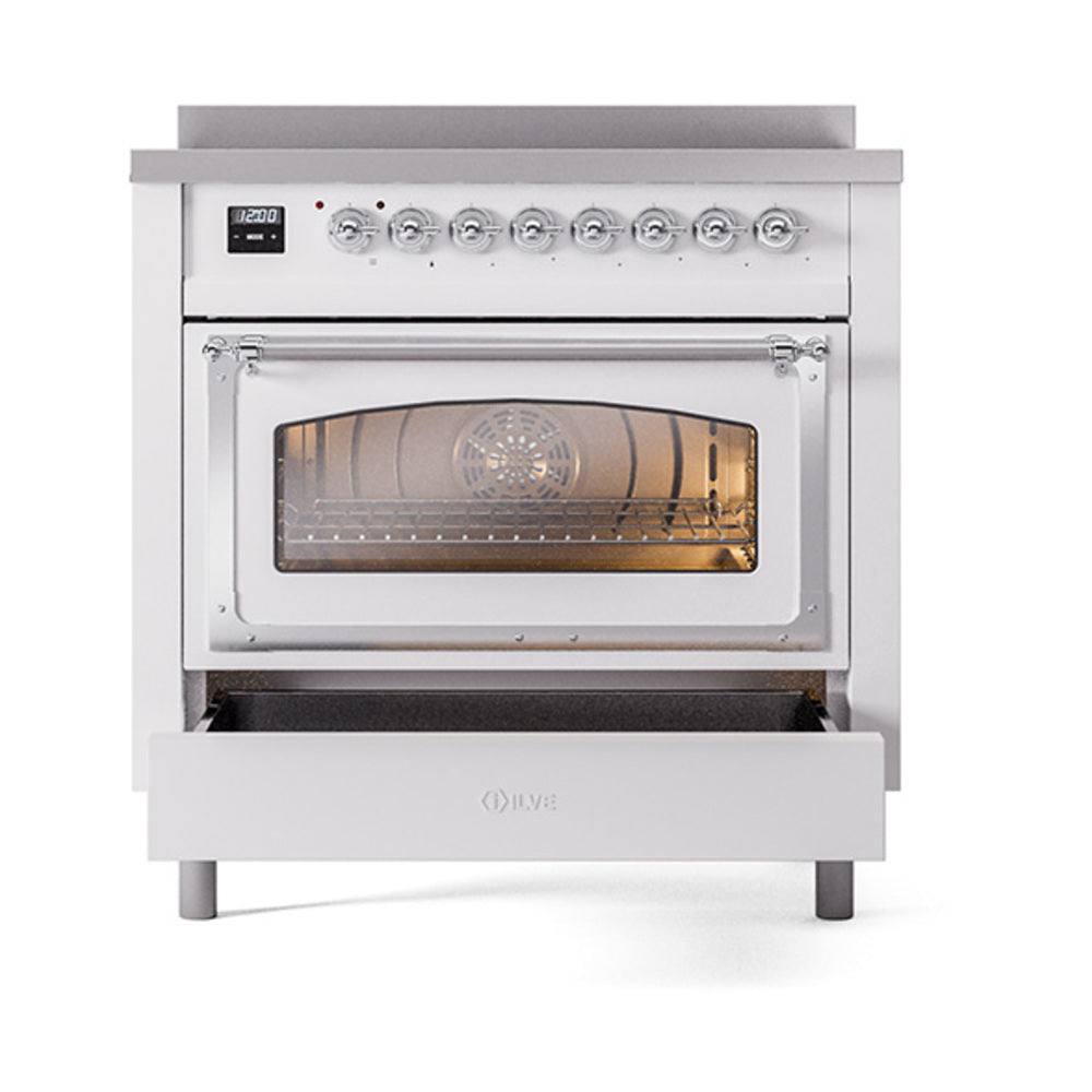 White oven with triple-glass window, chrome handle, control panel above
