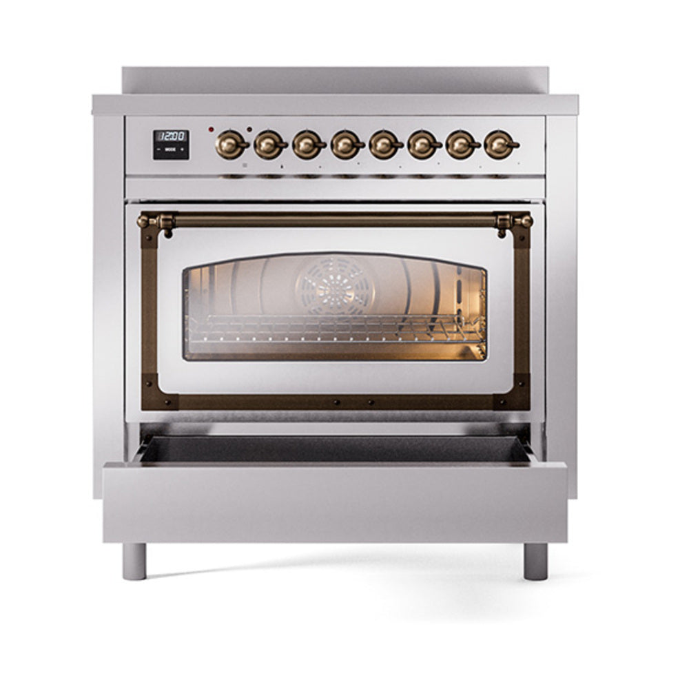 Stainless steel induction range with triple glass oven door and bronze trim, front view