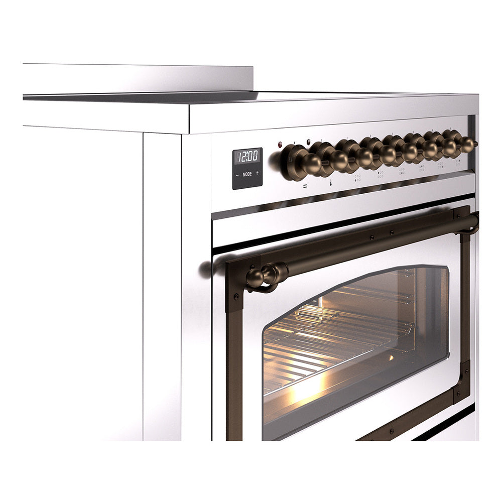 Stainless steel induction range control panel and oven door window with bronze knobs