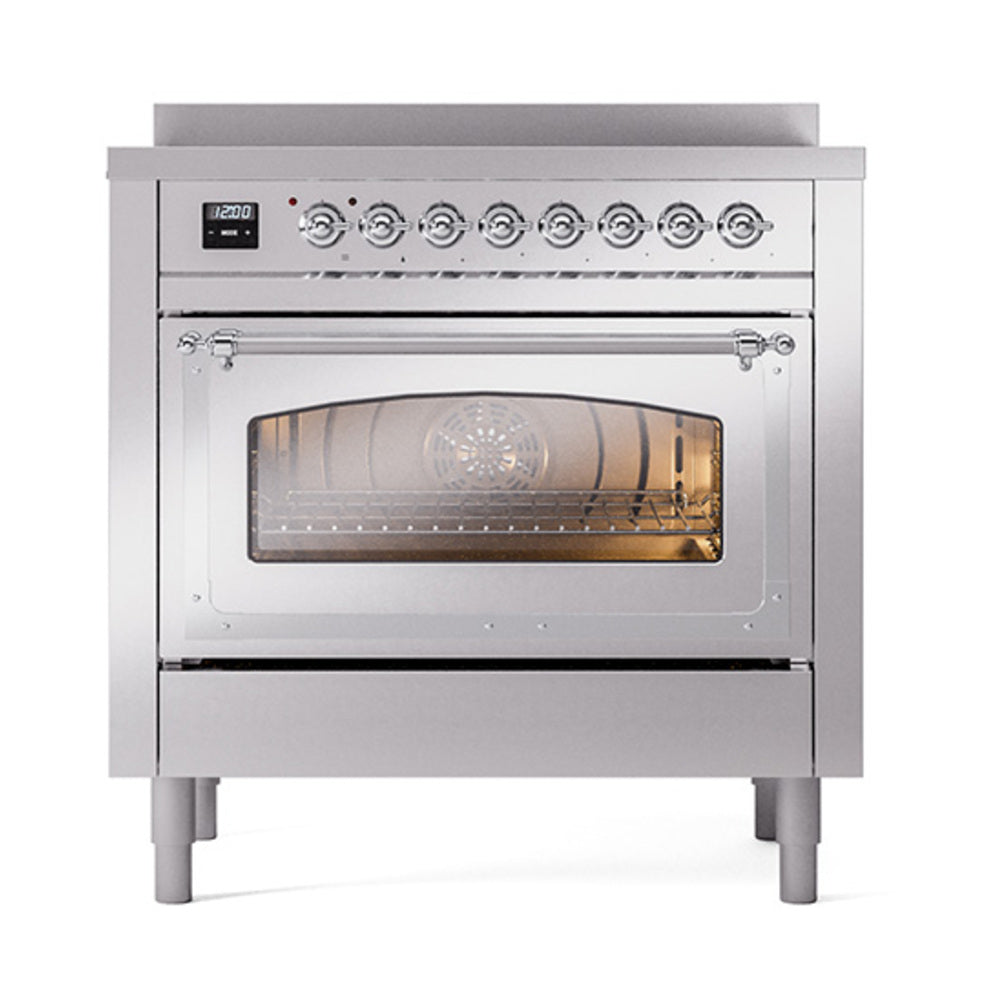 Stainless steel induction range with oven window and chrome handle trim