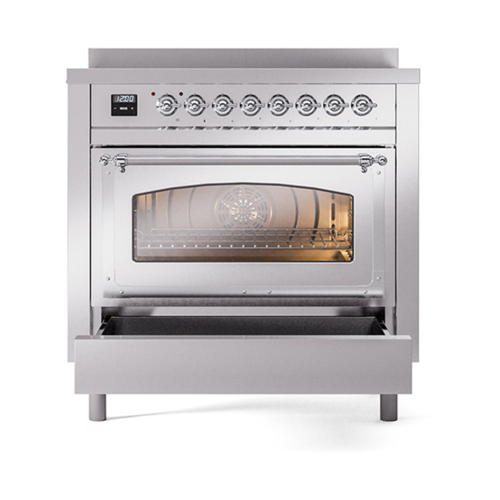 Stainless steel induction range with chrome trim, oven window, and control knobs