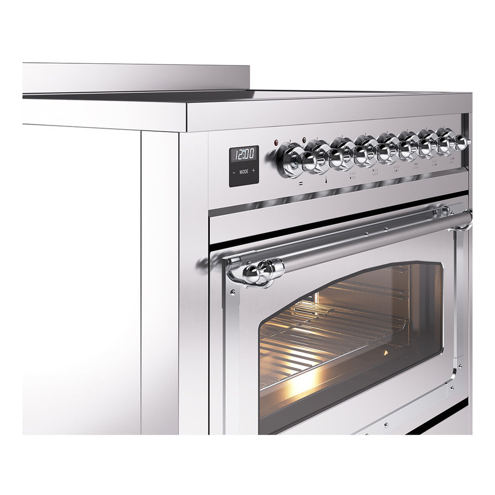 Stainless steel induction range with knob control panel and open oven door window